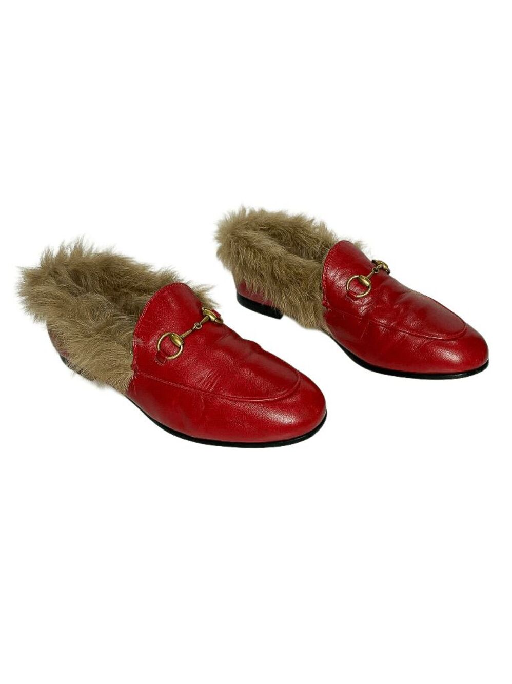 Gucci Jordaan Horsebit Fur Lined Loafer Slip On Flats Red Leather EU 36.5 US 6.5